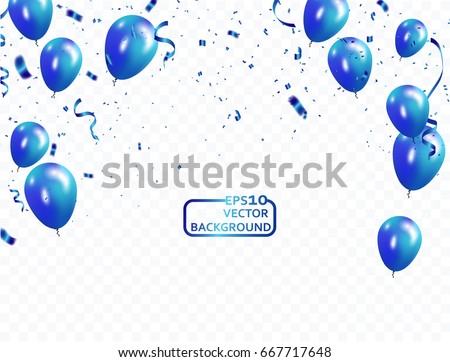 blue balloons, vector illustration. Confetti and ribbons, Celebration background template with.