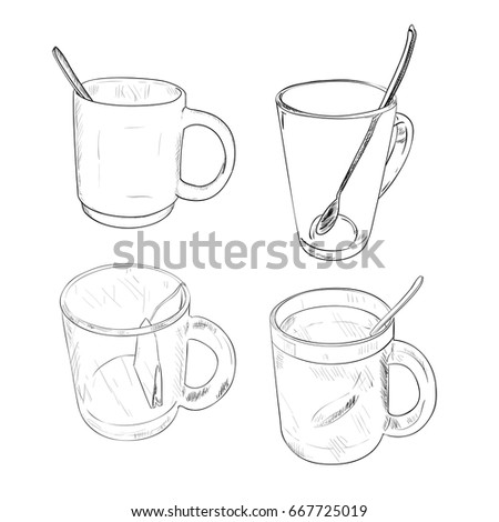 Vector sketch set of cup with spoon isolated on white background. Hand drawn illustration.