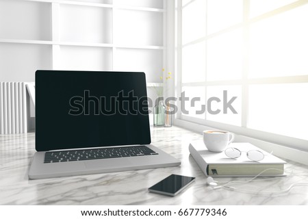 3D Rendering : illustration of modern interior Creative designer office desktop with PC computer.pc laptops mock up working place of graphic design.light from outside. clipping path included