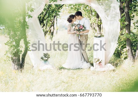 wedding couple on the nature. the bride and groom hugging at the wedding. 