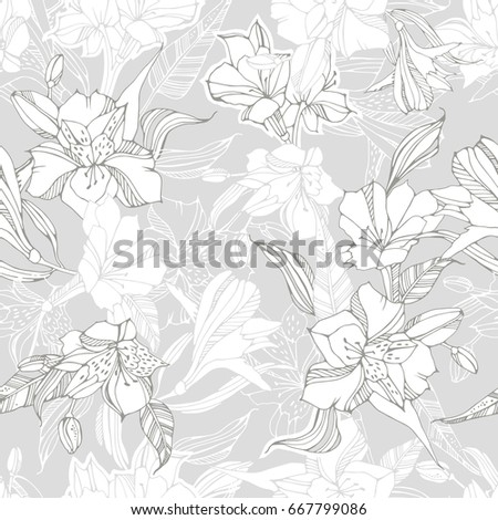 Tropical seamless pattern with peruvian lilies and eucalyptus.