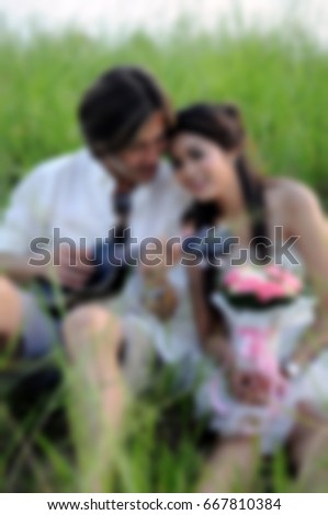 Blur style picture of wedding concept, groom play ukulele and bride listen happily, bouquet of flowers in her hand, at the field.
