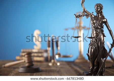 Criminal justice. Law symbols. Gavel, scales of justice, books. Courtroom theme.