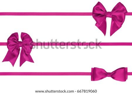 Composition of three bows on horizontal ribbons  on white background