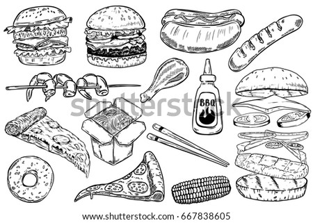 Set of hand drawn fast food illustrations. Burger, pizza, hot dog, china food, grilled corn, shrimps,donuts. Design elements for menu, poster