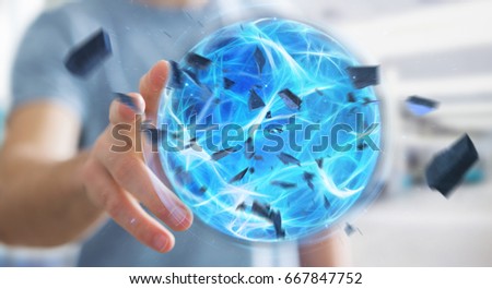Businessman creating an exploding blue power ball with his hand 3D rendering