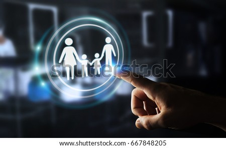 Businessman on blurred background touching family interface with his finger 3D rendering