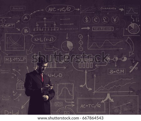 Businessman with smartphone.  Schematic background. Business and office, concept.