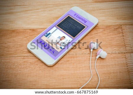 Digitally generated image of e-learning interface against white smartphone with white headphones