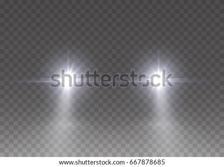 Cars flares light effect. Realistic white glow round car headlight beams isolated on transparent background. Vector bright train lights front view for your design.