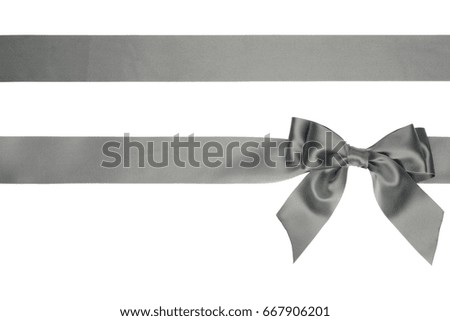Beautiful gray ribbon bow and horizontal ribbon on white background
