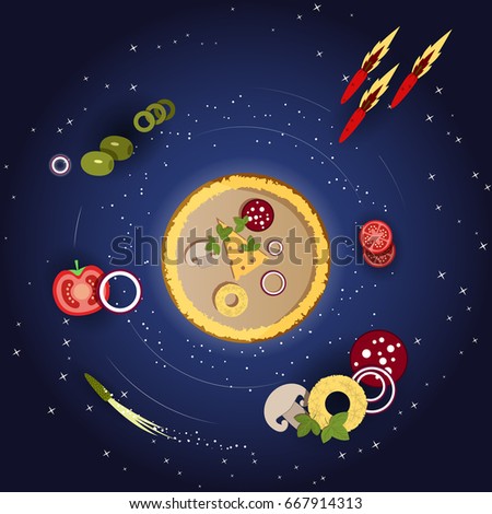 Pizza and ingredients on a dark blue background with stars. Vector illustration