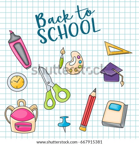 Back to school doodle clip art greeting card. Cartoon vector illustration for flyer to banner. Typography script text. 