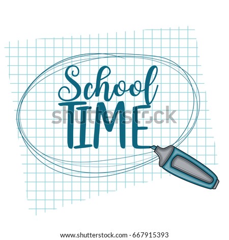 School time doodle clip art greeting card. Cartoon vector illustration for flyer to banner. Typography script text. 