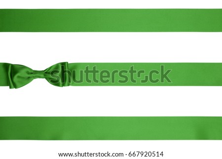 Gift green bow with three horizontal silk ribbons on white background