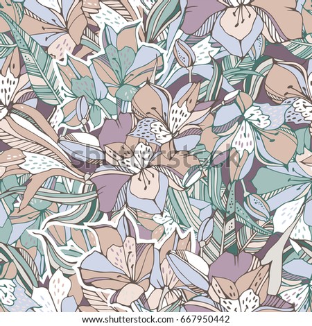 Tropical seamless pattern with peruvian lilies.
