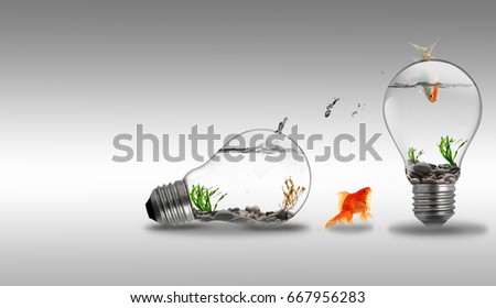 Gold fish jumping to other water inside an electric light bulb, concept of freedom,change, challenge or barrier