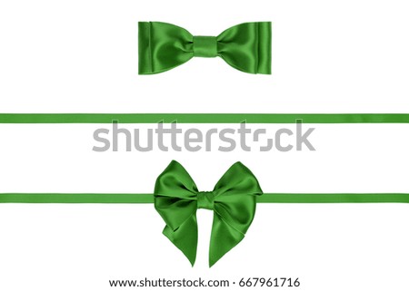 Set of beautiful green bows and silk ribbons on white background