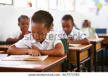 Schoolgirl reading at her desk in elementary school lesson Royalty-Free Stock Photo #667971985