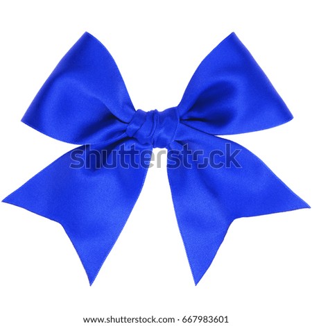 Single blue satin gift bow with tails isolated on white