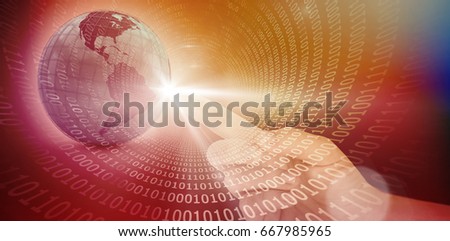 Cropped hand pointing on white background against spiral of shiny binary code