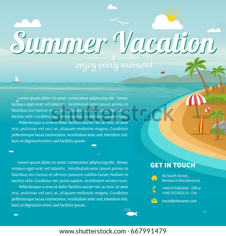 Vector Illustration of the sea island beach background with words VACATION/Summer Vacation