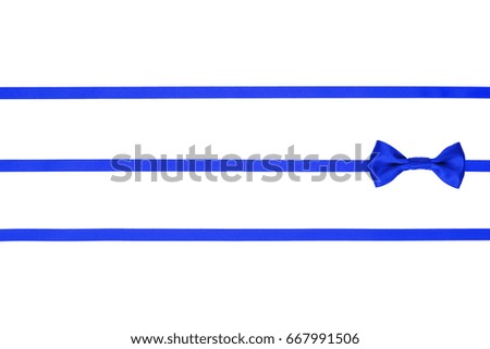 Gift blue bow with three horizontal ribbons on white background