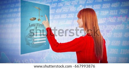 Smiling hipster woman pointing something against stocks and shares