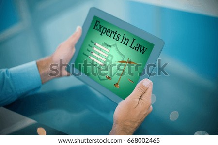 Businessman using his tablet  against graphic interface of lawyer contact form 