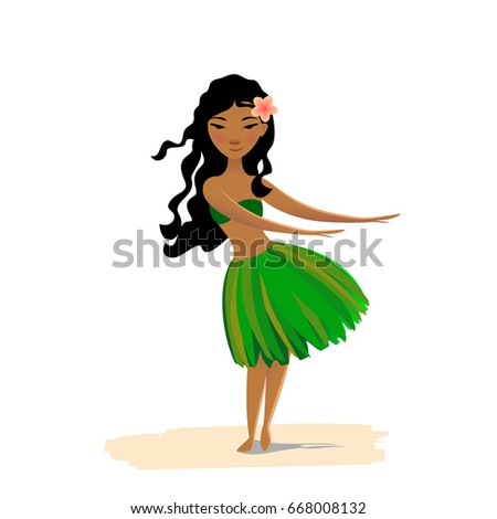 Hawaiian girl dancing hula isolated on white background. Cute polynesian dancer in costume and flower in hair.