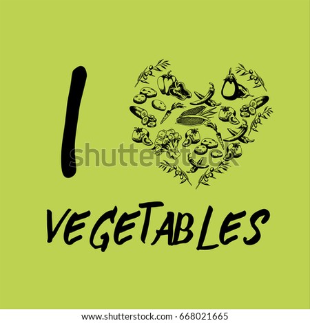 I love vegetables. Various vegetables in the shape of the heart. Vector illustration on light green background