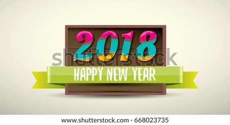 2018 Happy new year creative design horizontal vector banner with colorful numbers 2018 and greeting text on wooden background. vector 2018 annual report cover presentation