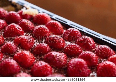 Uncut tray of strawberry cake