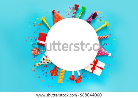 children party background. birthday background. Colorful party frame with  cap and whistle  on blue background