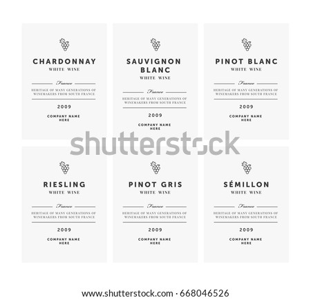 White wine labels. Vector premium template set. Clean and modern design. Shardonnay, Pinot Blanc, Riesling, Sauvignon, Semillion. Royalty-Free Stock Photo #668046526