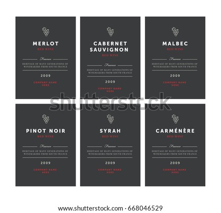 Red wine labels. Vector premium template set. Clean and modern design. Pinot Noir, Malbec, Cabernet Sauvignon, Merlot, Syrah, Carmenere. Royalty-Free Stock Photo #668046529