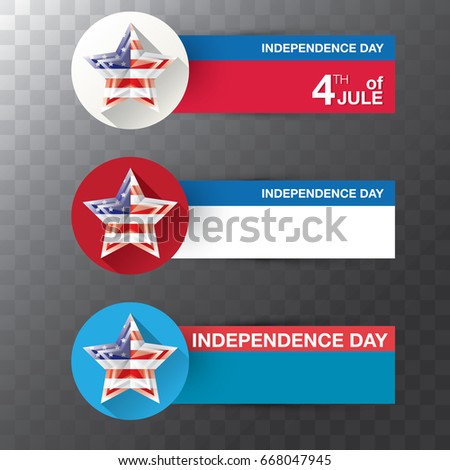 Happy independence day United States of America label collection.  American Flag star shape with paper banners set isolated on transparent background. USA 4 jule holiday vector background