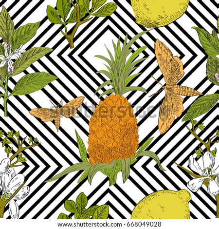 Seamless vector pattern of hand drawn fruits with flowers and leaves. Tropical background.