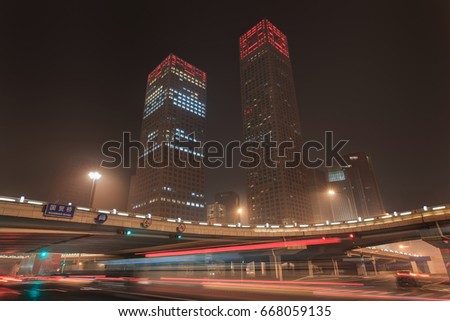 Urban dynamism in Beijing Central Business District at nighttime, China