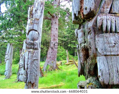 Historic Totem Poles, Ninstints, Haida Gwaii, British Columbia, Canada Royalty-Free Stock Photo #668064031