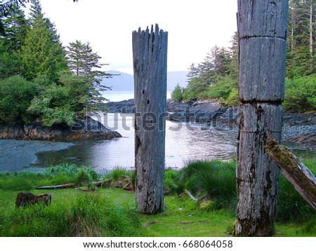 Historic Totem Poles, Ninstints, Haida Gwaii, British Columbia, Canada Royalty-Free Stock Photo #668064058