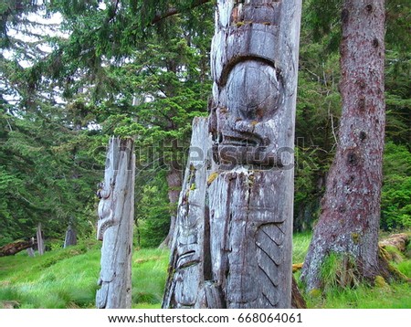 Historic Totem Poles, Ninstints, Haida Gwaii, British Columbia, Canada Royalty-Free Stock Photo #668064061