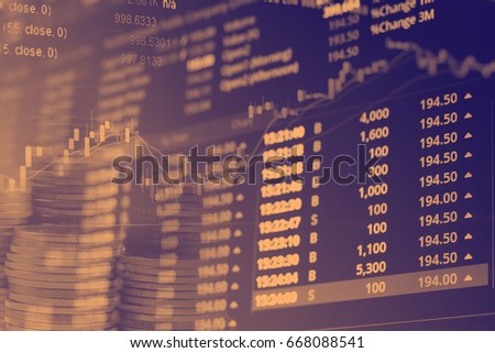 Abstract financial stock numbers chart with graph and stack of coins in Double exposure style background