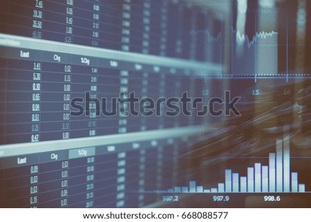 Abstract financial stock numbers chart with graph and stack of coins in Double exposure style background