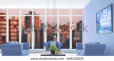 Text with various icons on device screen against digital composite interior of modern living room