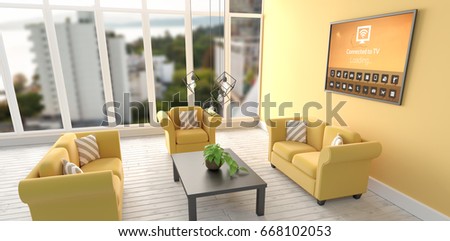 Digitally composite image of various icons with text against digital image of modern living room