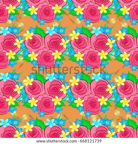 Retro textile design collection. Silk scarf with rose flowers and green leaves on brown background. Abstract seamless vector pattern with hand drawn floral elements. Autumn colors. 1950s-1960s motifs.