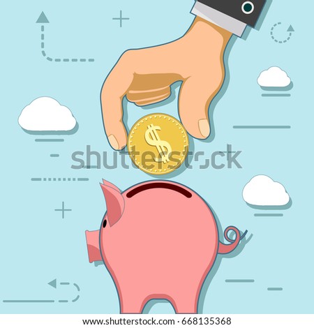 Human hand with coin and piggy bank. Investments and savings. Stock vector flat line infographic illustration.