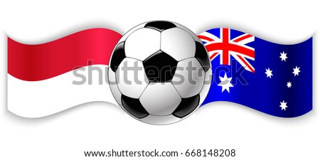 Monegasque and Australian wavy flags with football ball. Monaco combined with Australia isolated on white. Football match or international sport competition concept.
