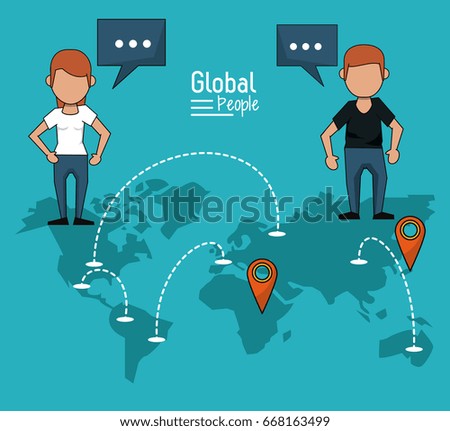 poster of global people with blue background with map of the world and map pointer route and communications networks
